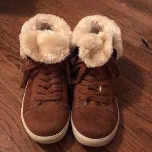 fuzzy brown sneakers